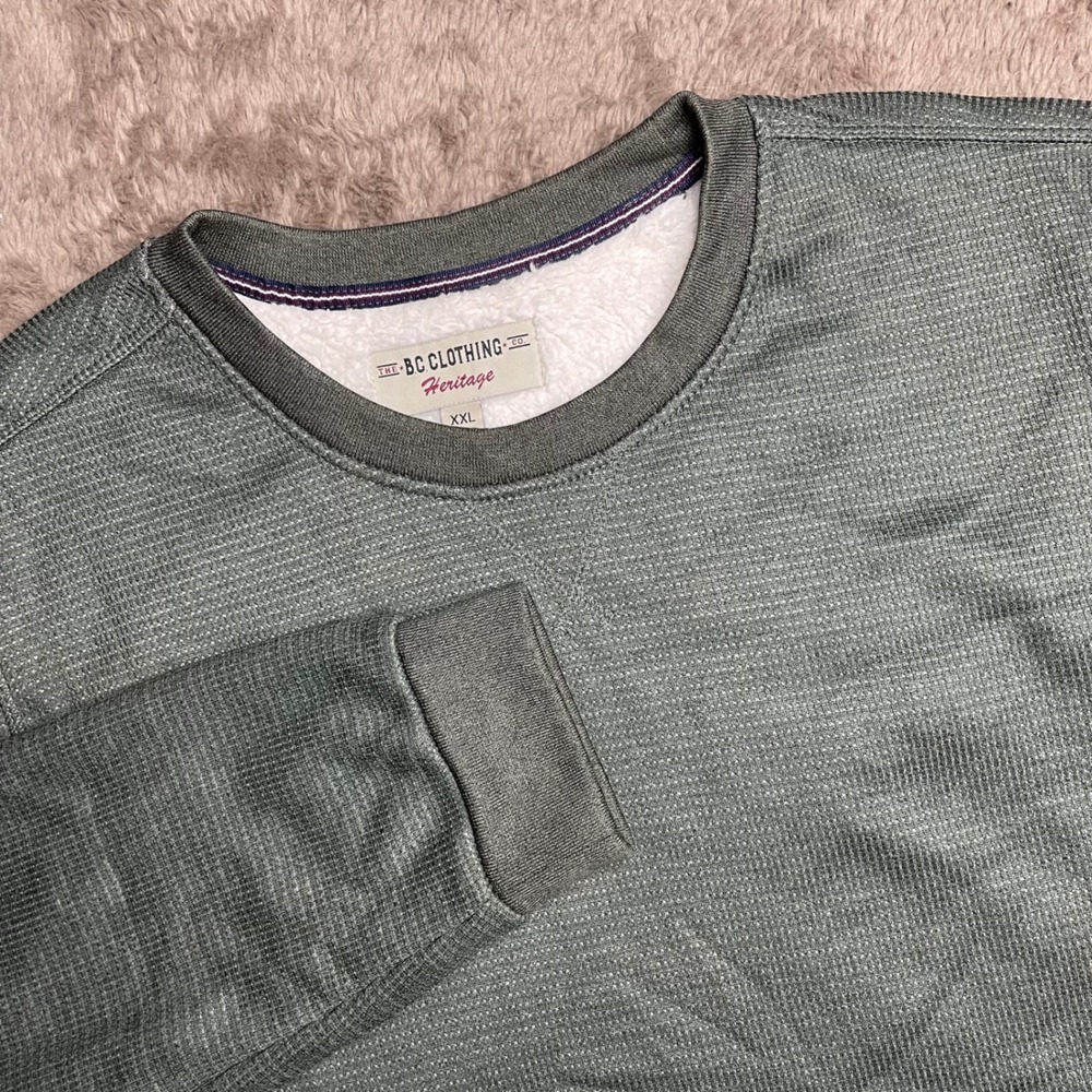 BC Clothing Co Heritage Mens XXL Green Sherpa Lined Waffle Crewneck Sweatshirt